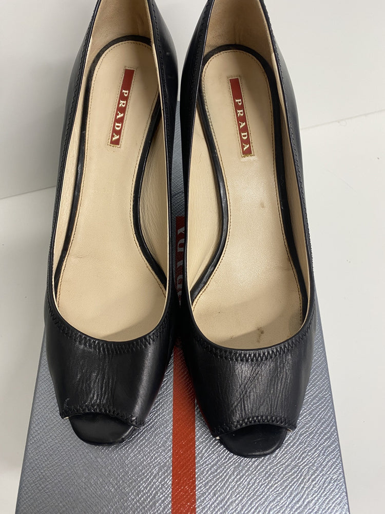 Lovely Prada Bianco Black Peep Toe Leather Heels 3inch UK 6.5 JP001