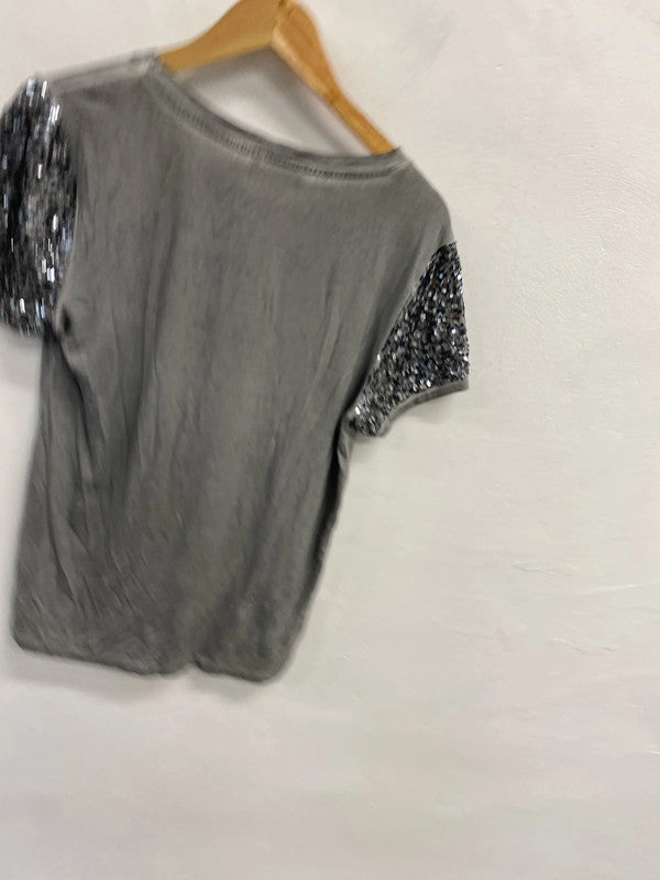 Fabulous Grey alternative punk sequin t shirt Uk12 Nine KD001