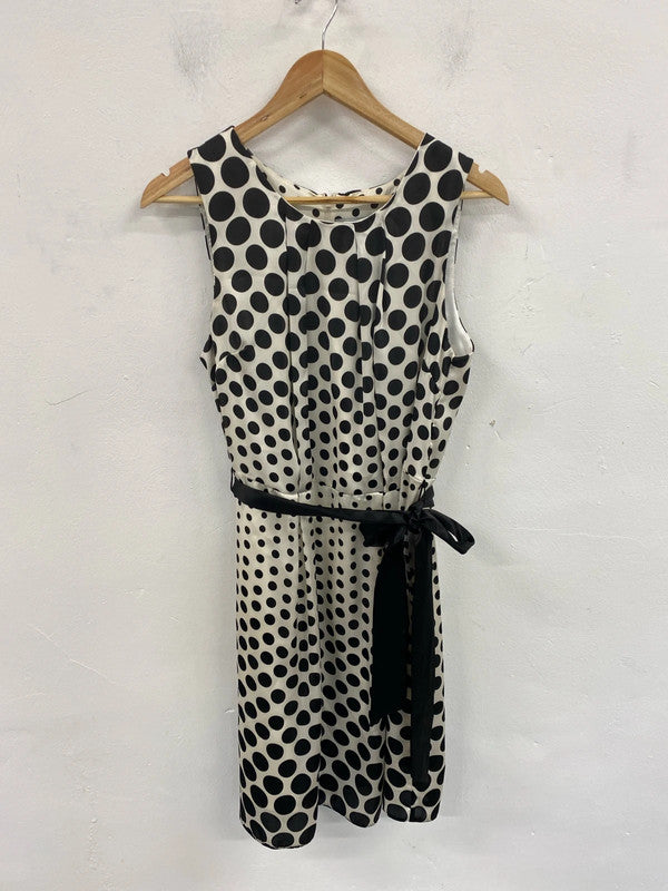 Wallis Elegant Cream & Black Polkadot Satin Belted Midi Dress UK 14 FR001