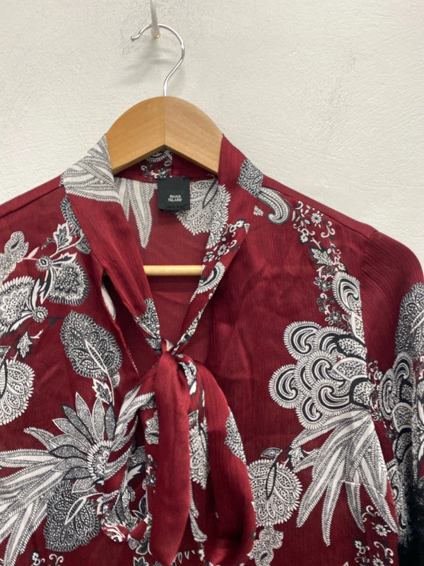 Lovely river island pussy bow red white pattern lace sleeve blouse UK S KM004