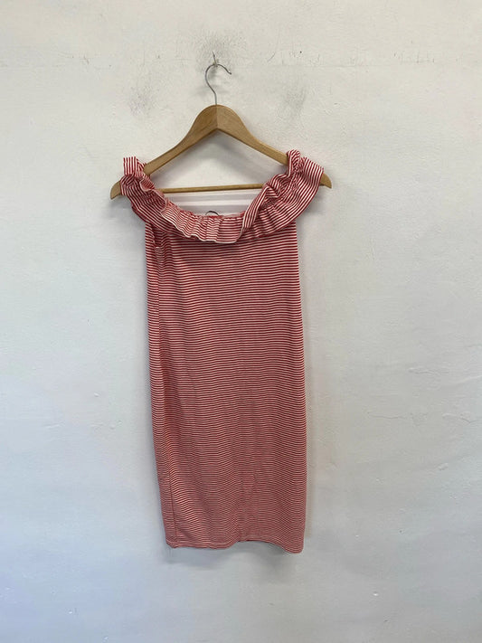 Stunning Zara off the shoulder red white striped midi dress UK M JB001