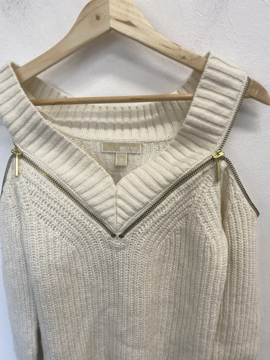 Lovely Michael Kors Cream Ribbed Zip Off The Shoulder Top UK XS JM008