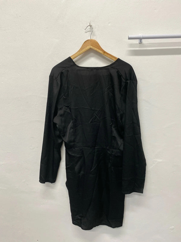 Fabulous Black PLT satin V neck dress Uk18 LG006