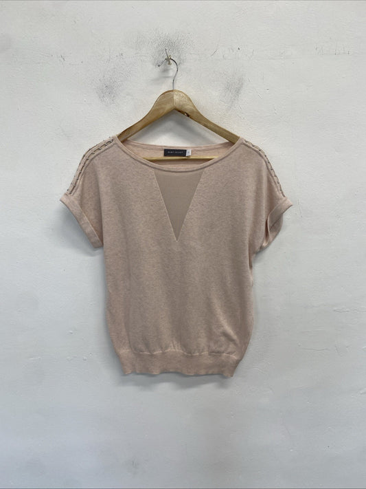 Mint Velvet sheer V spring knit top short sleeve jumper pink beaded UK XS SS004
