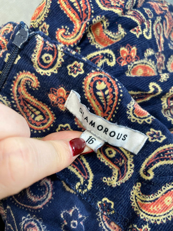 Stunning glamorous navy orange swirl cord midi dress UK 16 LB010