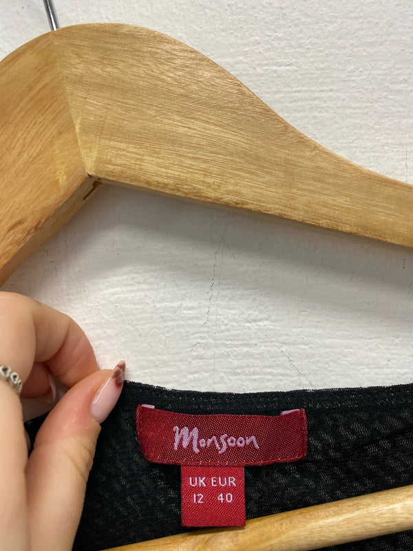 Lovely monsoon black white pattern ditsy low bust dress UK 12 ED001