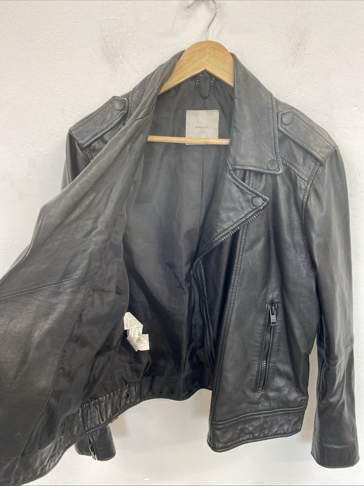 Mango Mens Black Sheep Leather Biker Jacket Size M DF002