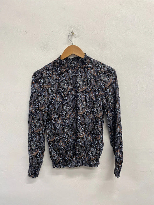 Lovely oasis navy swirl vintage look pattern long sleeve top UK S KM004