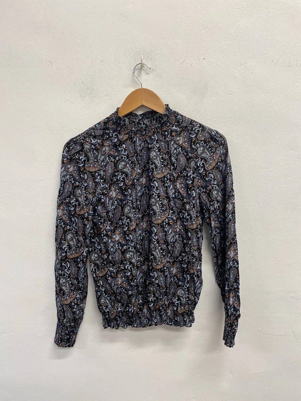 Lovely oasis navy swirl vintage look pattern long sleeve top UK S KM004