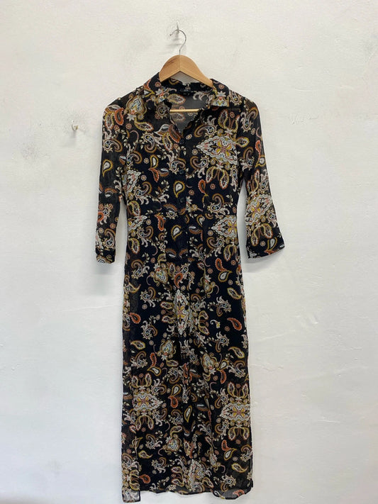 Lovely river island brown white pattern semi sheer slip maxi dress UK 8 KM004