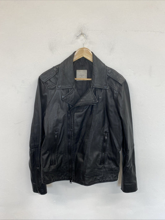 Mango Mens Black Sheep Leather Biker Jacket Size M DF002