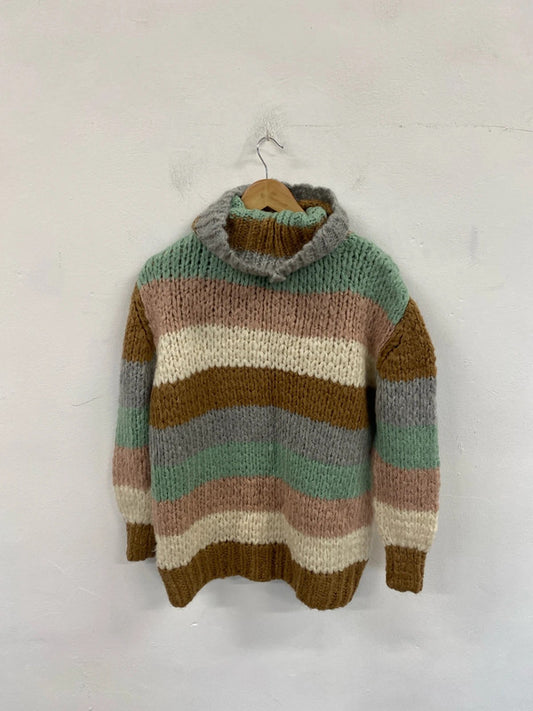 Stylish river island brown stripes heritage loom turtle neck jumper uk 8 KM004