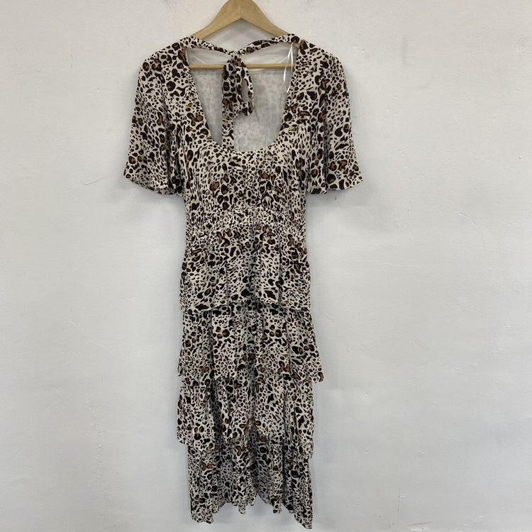 Oliver Bonas Leopard Print Tiered Midi Dress UK 6 NWT SD002