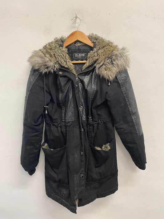Lovely French connection fur hood parka black UK 6 KM004