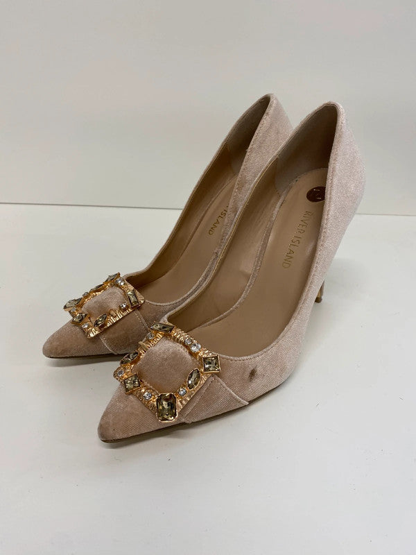 Fabulous River Island blush faux velvet occasion shoes gold buckle UK6 KM004