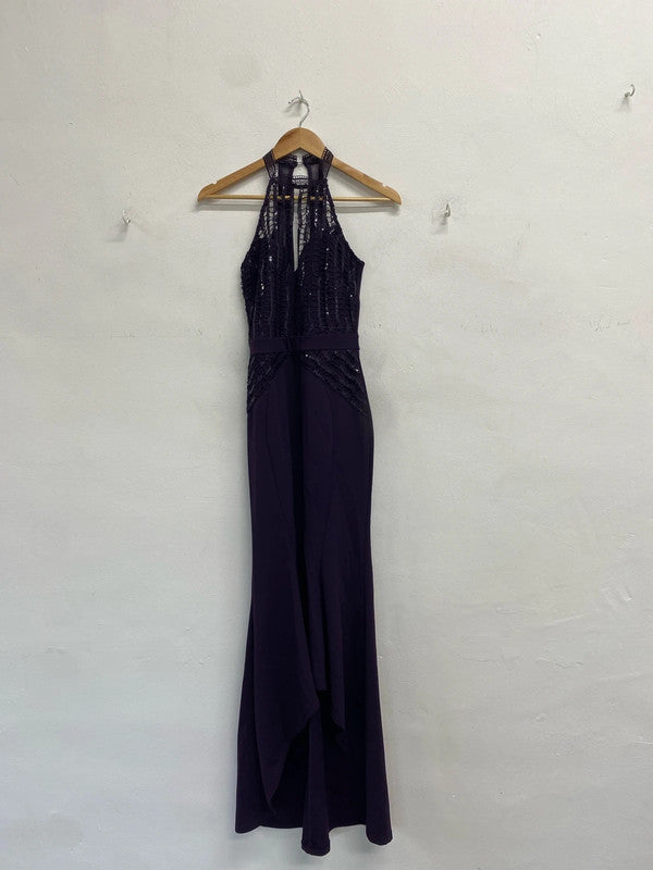 Stunning lipsy London purple sparkle Halterneck maxi dress drape UK 8 KM004