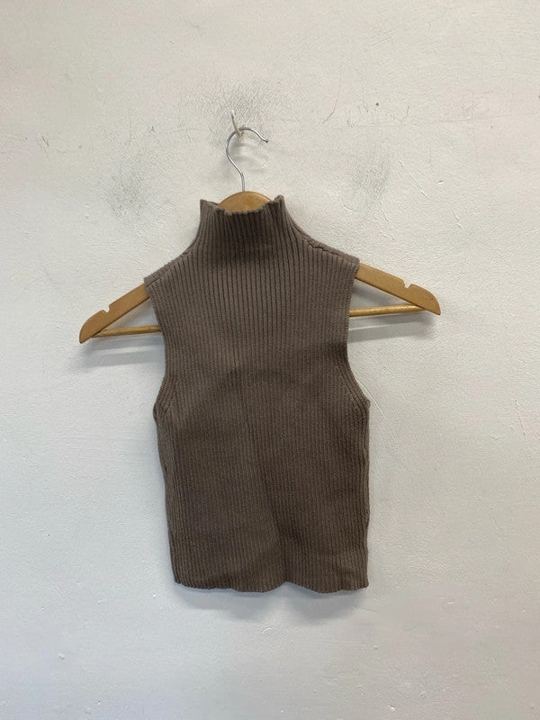 Lovely zara knit sleeveless brown high neck top UK M JB001