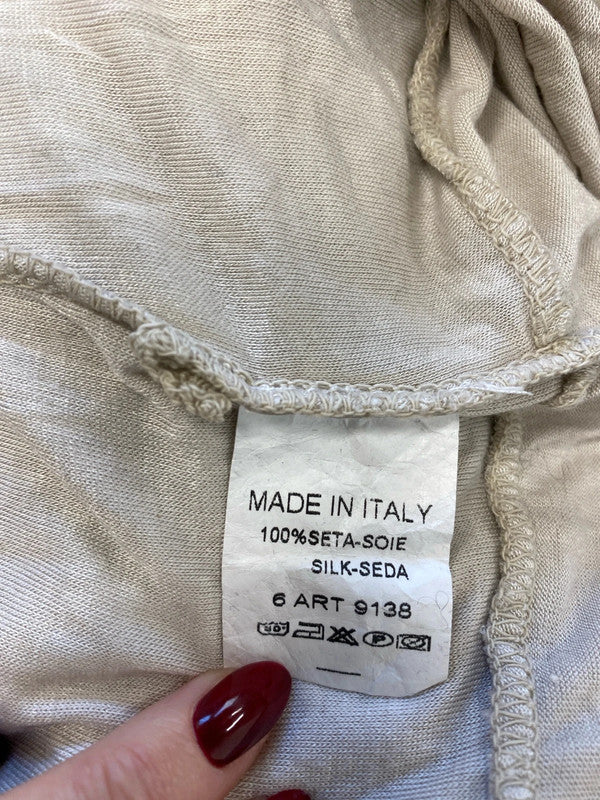Lovely made in Italy bone white silk button neck frill bottom dress UK L AE001