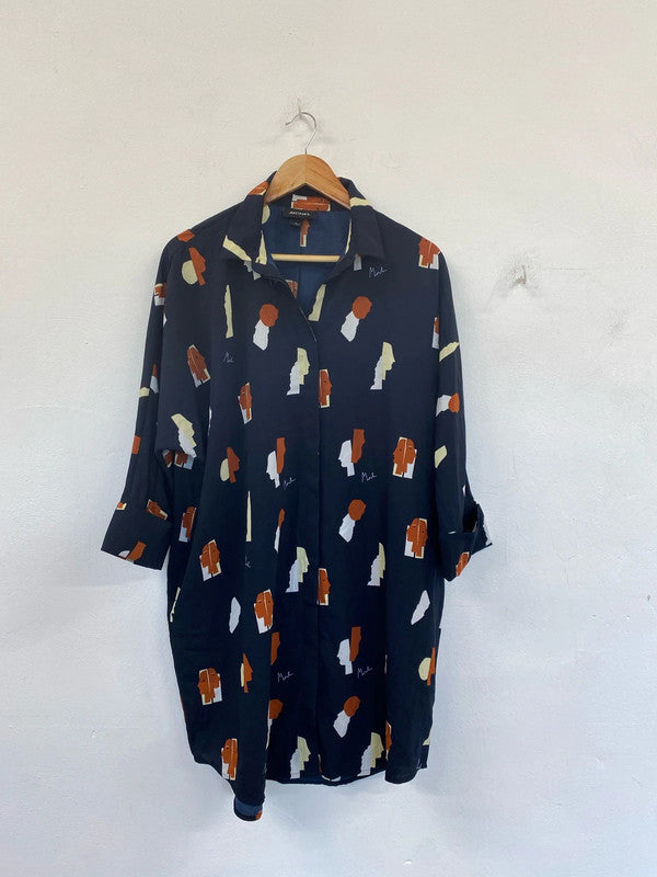 Monki Artsy Navy Faces Oversize Button Up Shirt Size S IM001