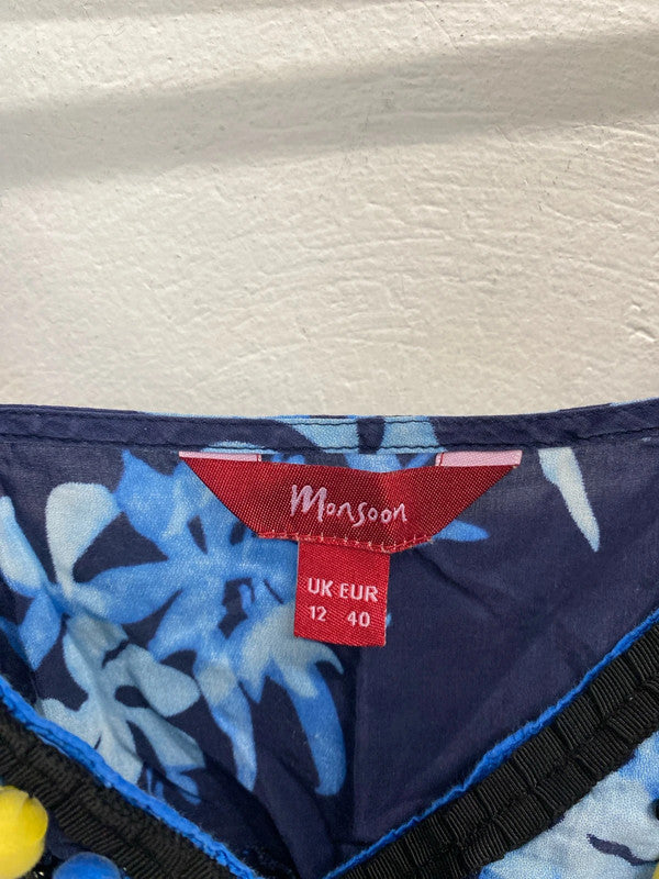 Stunning monsoon blue floral yellow pompom neck top UK 12 AG005