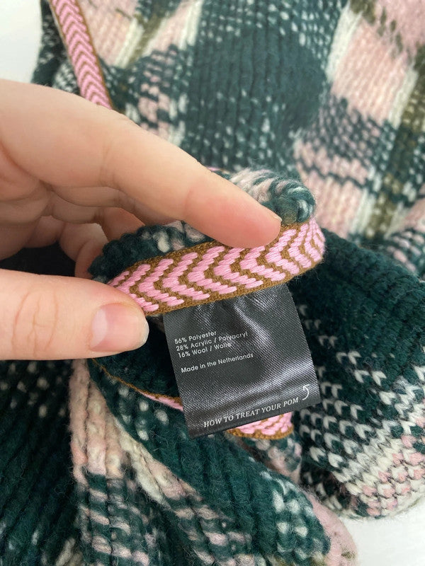 Pom Amsterdam Stylish Green & Pink Tartan Check Knit Shawl JA002