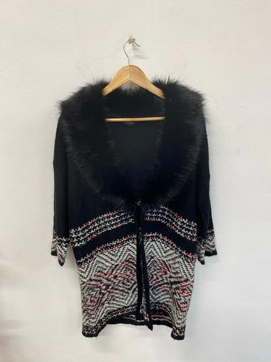 River Island Fabulous Faux Fur Collar Geometric Pattern Longline Cardigan UK 8 KM004
