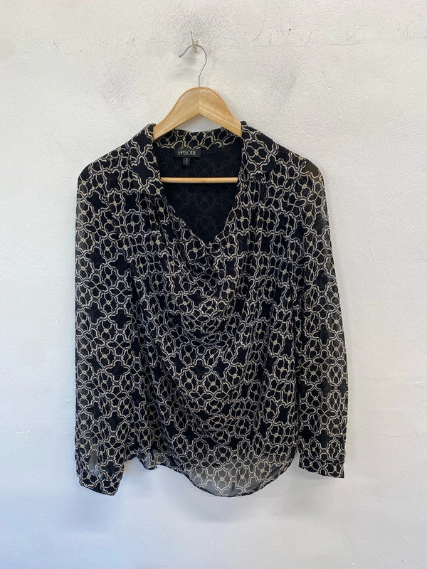 Lovely episode black white pattern semi sheer blouse UK S AG005