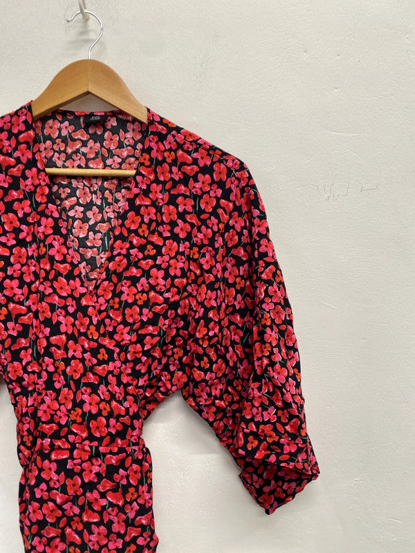 Fabulous river island black pink floral wrap blouse UK S KM004