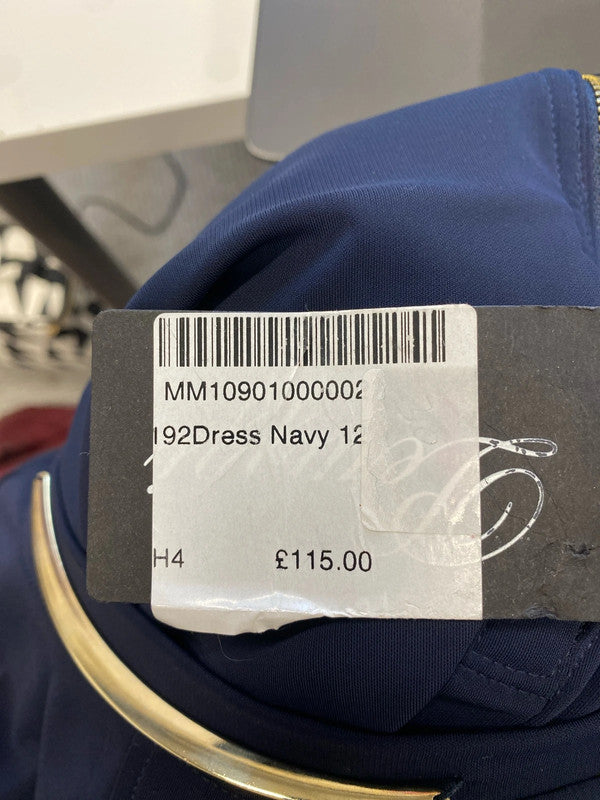 Gorgeous leruggi new navy drape shoulder midi dress UK 14 AE001