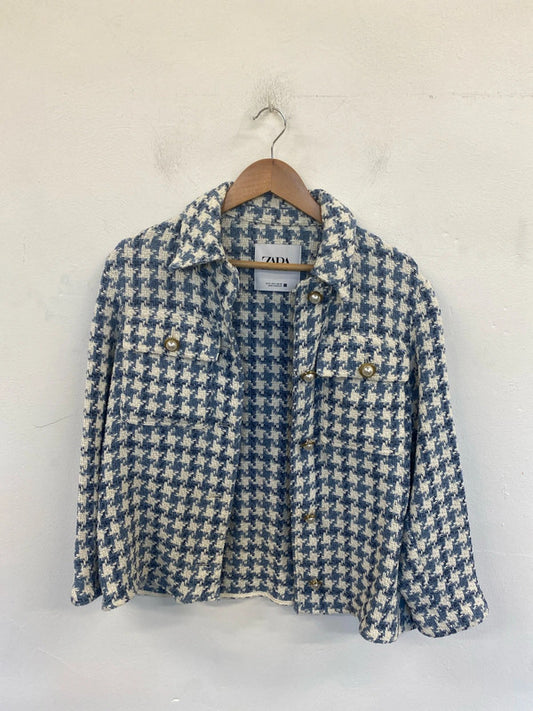 Zara Gorgeous Blue & Cream Houndstooth Boucle Shacket Size S AO001