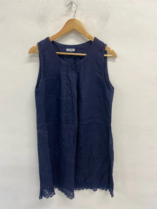 Lovely rosemarine navy broderie linen dress UK L MM005