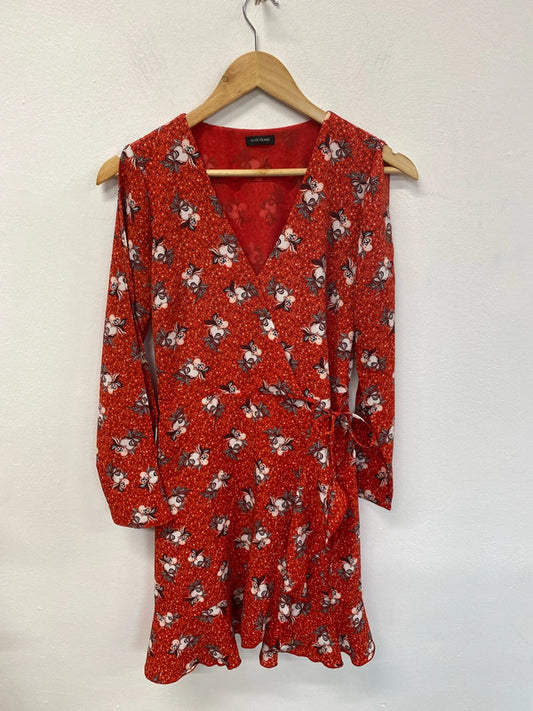 River Island Fabulous Red Hearts Pattern Cold Shoulder Faux Wrap Mini Dress UK 8 KM004