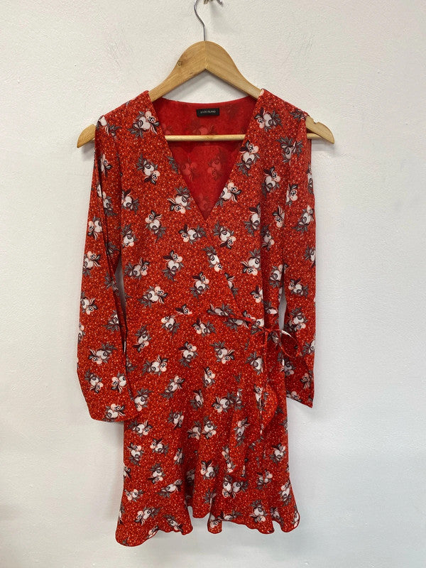 River Island Fabulous Red Hearts Pattern Cold Shoulder Faux Wrap Mini Dress UK 8 KM004
