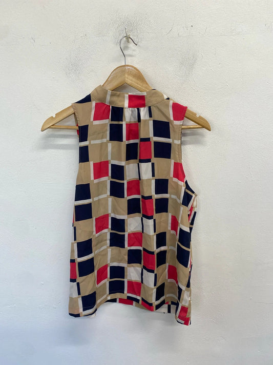 Lovely mix squared beige pattern pussy bow top UK 10 AG005