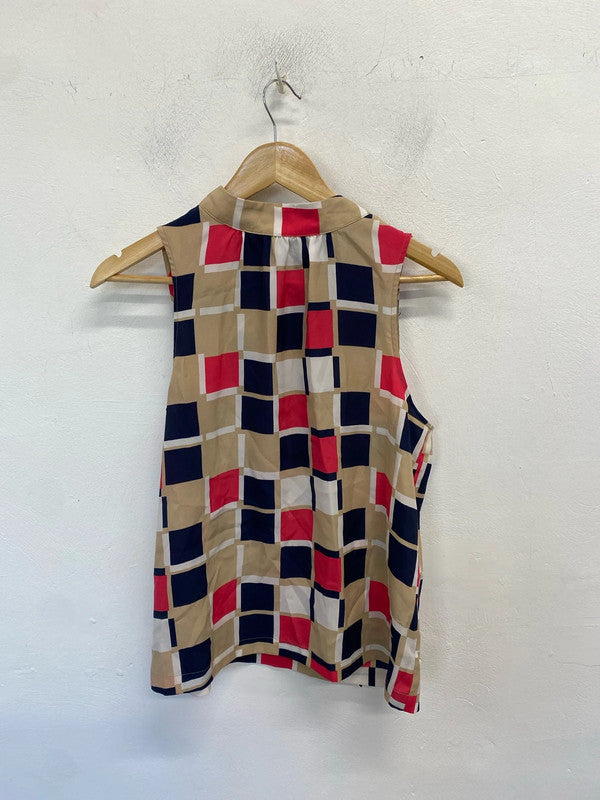 Lovely mix squared beige pattern pussy bow top UK 10 AG005