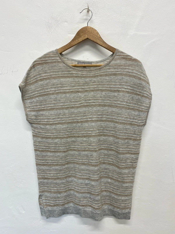 Oliver Bonas Fabulous Taupe & Rose Gold Fine Knit Glitter Stripe Blouse UK 8 JM007