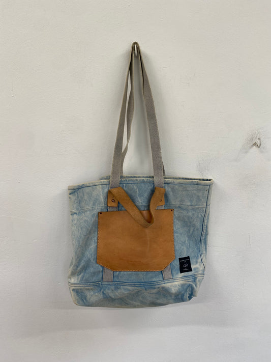Immodest cotton X Fleabags denim tote east west acid wash denim leather RF001