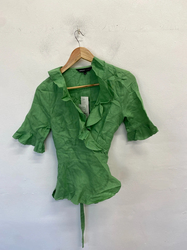 Stunning Great Plains green frill wrap top UK S nwt AG005