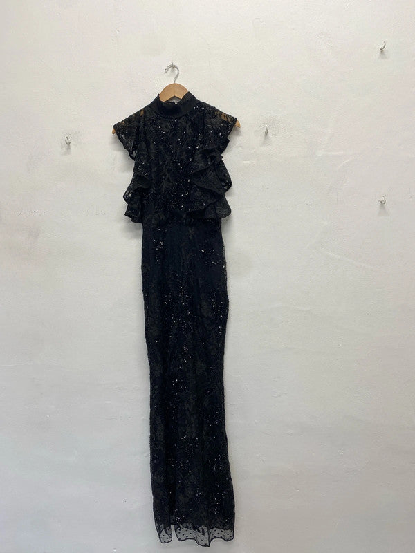 Lovely river island black sequin frill dress formal UK S KM004