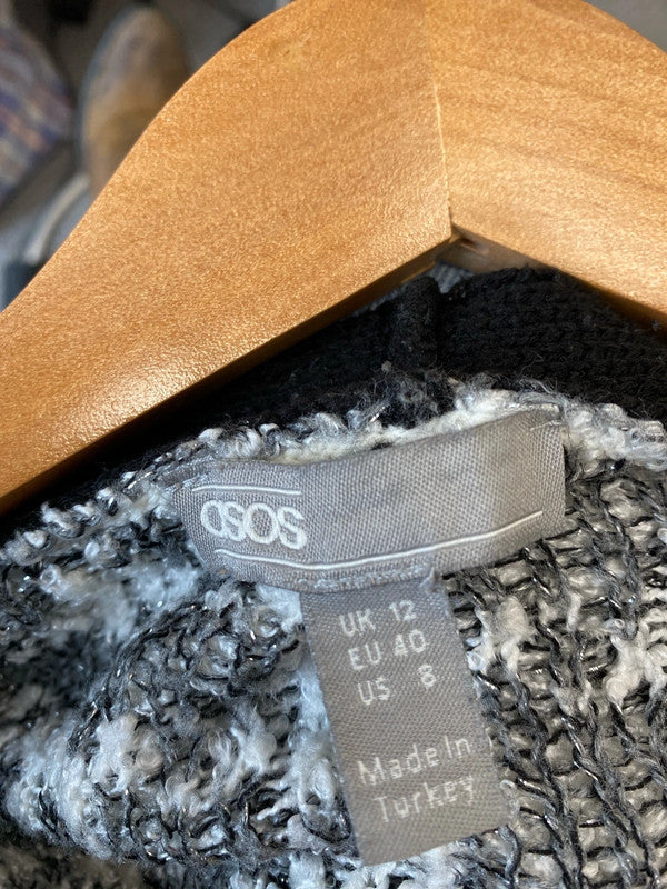 Fabulous longline super cosy Asos houndstooth silver & black cardigan Uk12 LB010