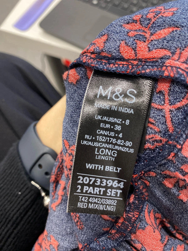 Stunning m&s navy red patterned long smock dress UK 8 long CN001