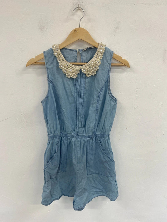 Miss Selfridge Preppy Denim Pearl Collar Playsuit UK 10 LK009
