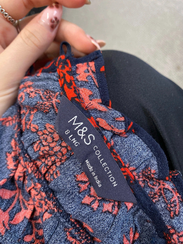 Stunning m&s navy red patterned long smock dress UK 8 long CN001