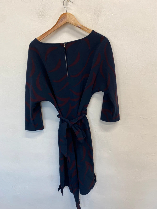 Stunning Jasper Conran navy burgundy pattern midi tie waist dress UK 14 MD002