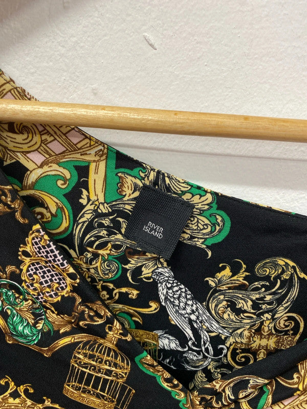 River Island Chic Black Asymmetric Ornate Pattern Midi Dress UK 8 KM004