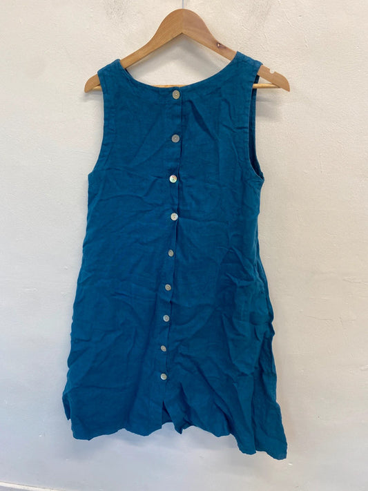 Lovely vera tucci teal linen dress button up back UK 12-14 LW005