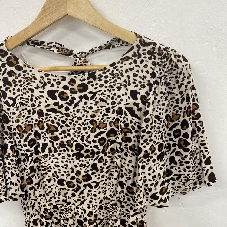 Oliver Bonas Leopard Print Tiered Midi Dress UK 6 NWT SD002