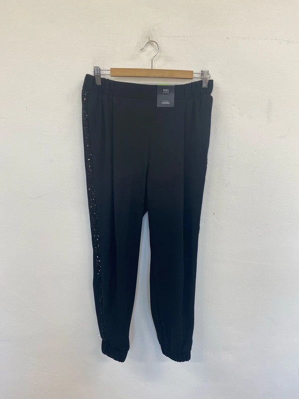 M&S Fabulous Black High Rise Tapered Sequin Trousers UK 12 Short JP001