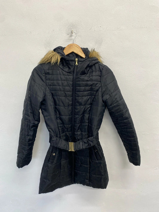 Lovely Vero Moda black puffer belted hooded faux fur midi jacket UK S JH001