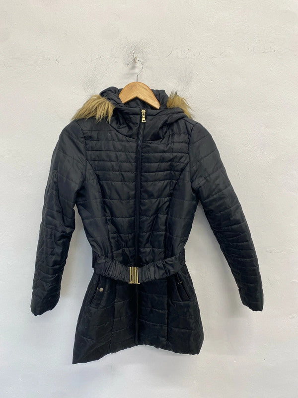 Lovely Vero Moda black puffer belted hooded faux fur midi jacket UK S JH001